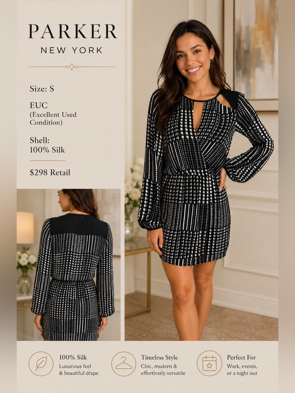 Parker New York Fisher Silk Dress S EUC
Black White Houndstooth Cutout Size S